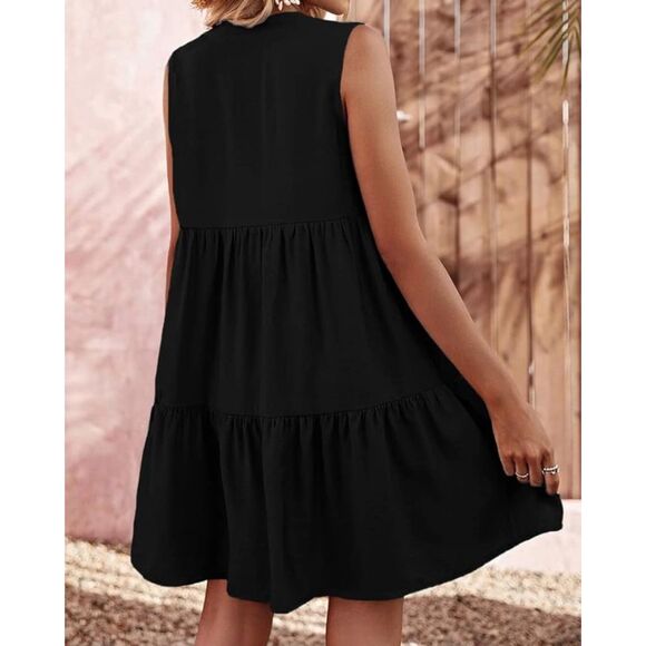 Bwogeeya Casual Black V-Neck Ruffle Hem Sleeveless Mini Dress Sz M - Picture 3 of 8
